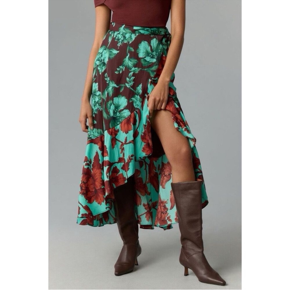 Maeve Teal and Red Floral High-Low Skirt Wrap Skirt NWT XL